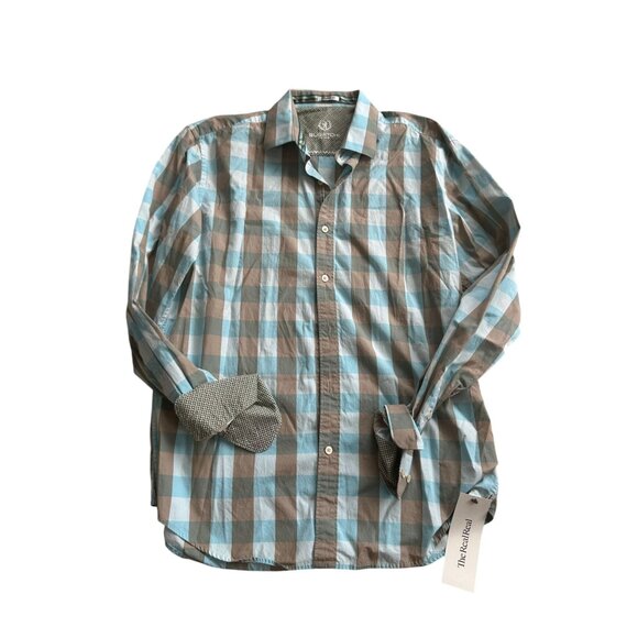 BUGATCHI Men's Shaped Fit Blue Plaid Button Down Shirt Size 16 1/2 - Picture 2 of 9